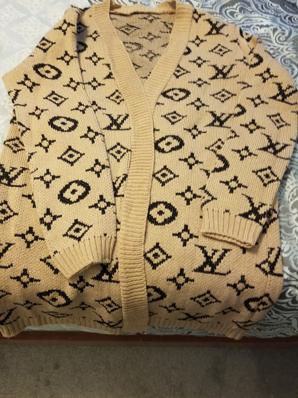 Beige Monogram-Patterned Women's Cardigan Sweater